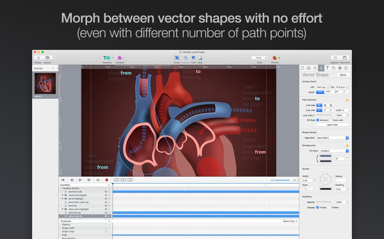 Morph between vector shapes with no effort (even with different number of path points)