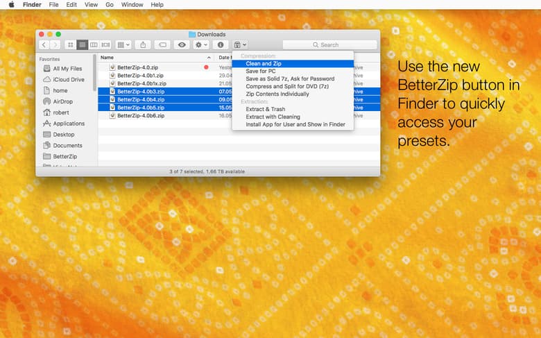 Haz clic en el nuevo botón BetterZip del Finder para acceder rápidamente a tus preajustes.