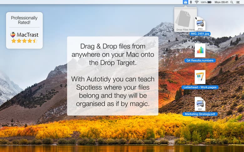 Drag & Drop files from anywhere on your Mac onto the Drop Target. With Autotidy you can teach Spotless where your files belong and they will be organised as if by magic.