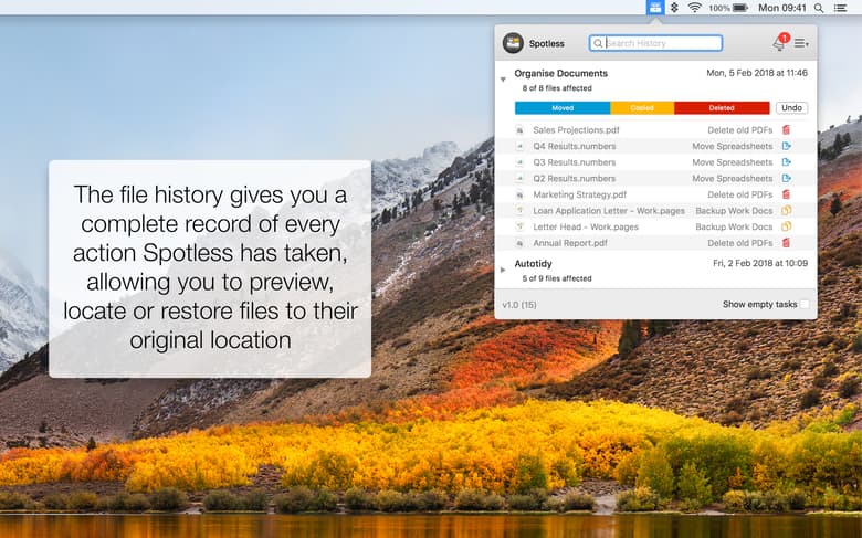 The file history gives you a complete record of every action Spotless has taken, allowing you to preview, locate or restore files to their original location