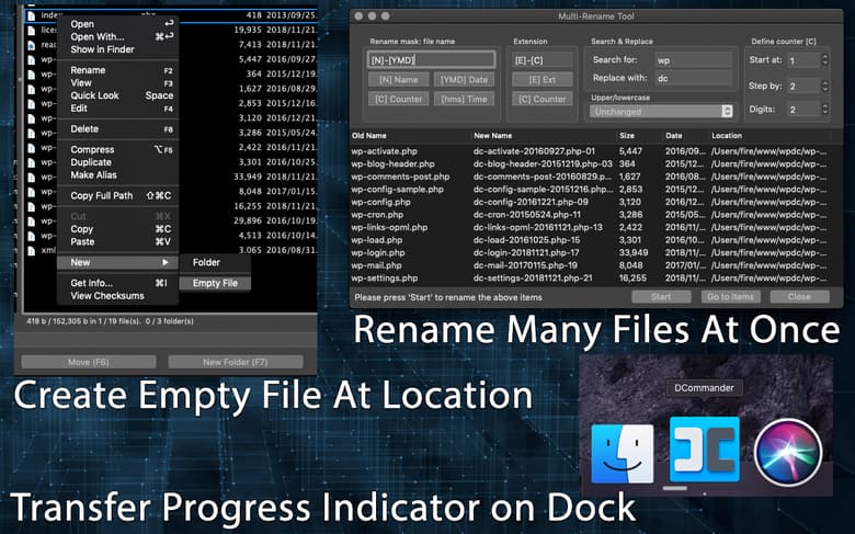 Rename many files at once; Create empty file at location; Transfer progress indicator on Dock