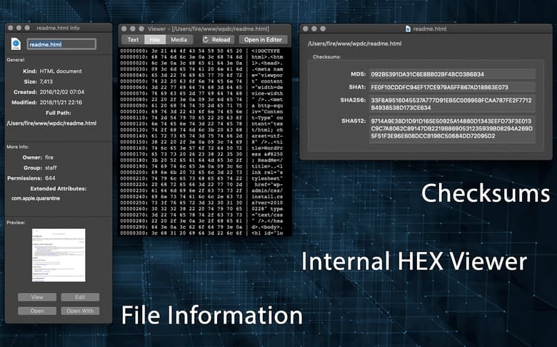 File Information; Internal HEX Viewer; Checksums