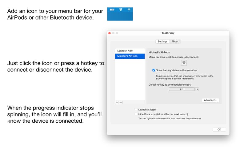 Add an icon to your menu bar for your AirPods or other Bluetooth device.