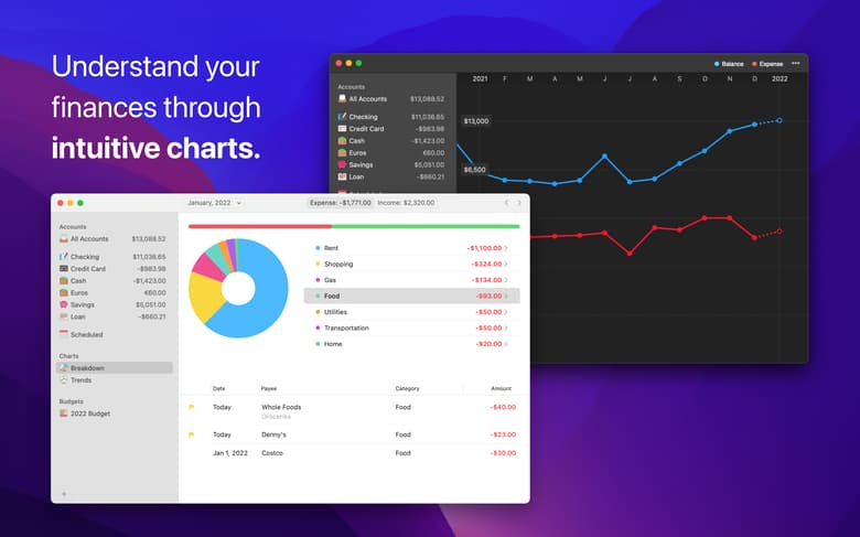 Understand your finances through intuitive charts.