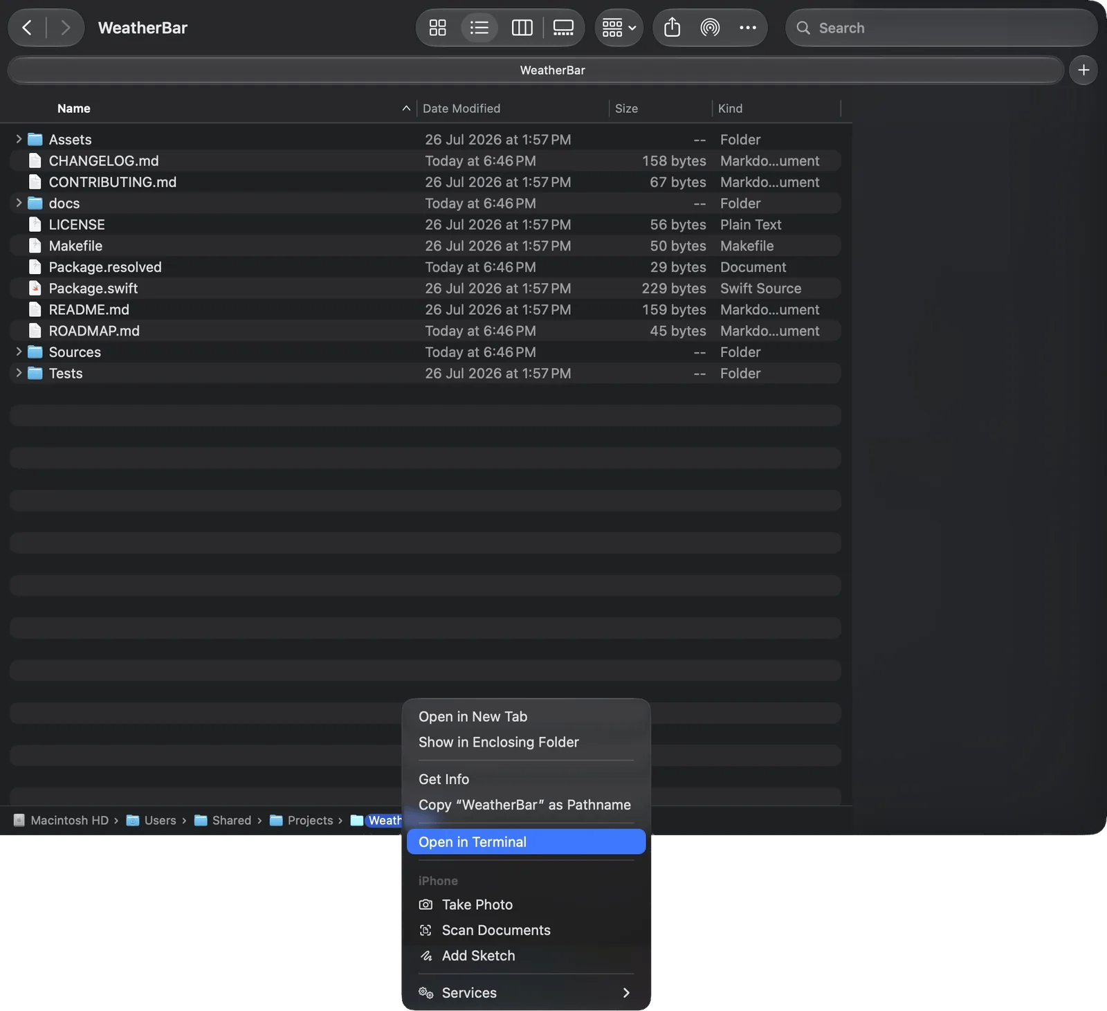 Open Terminal with Mac Fnder path