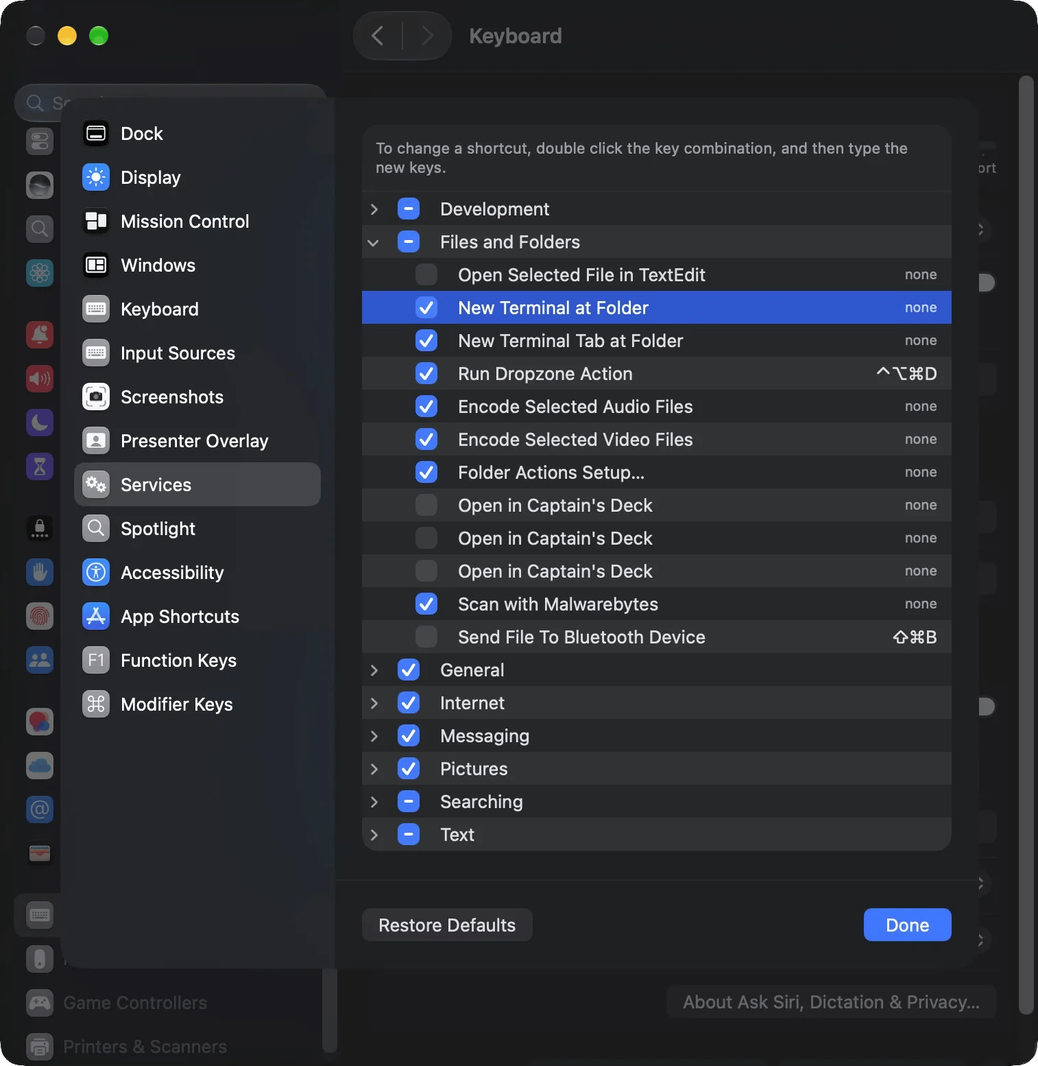 System Settings, New Terminal at Folder