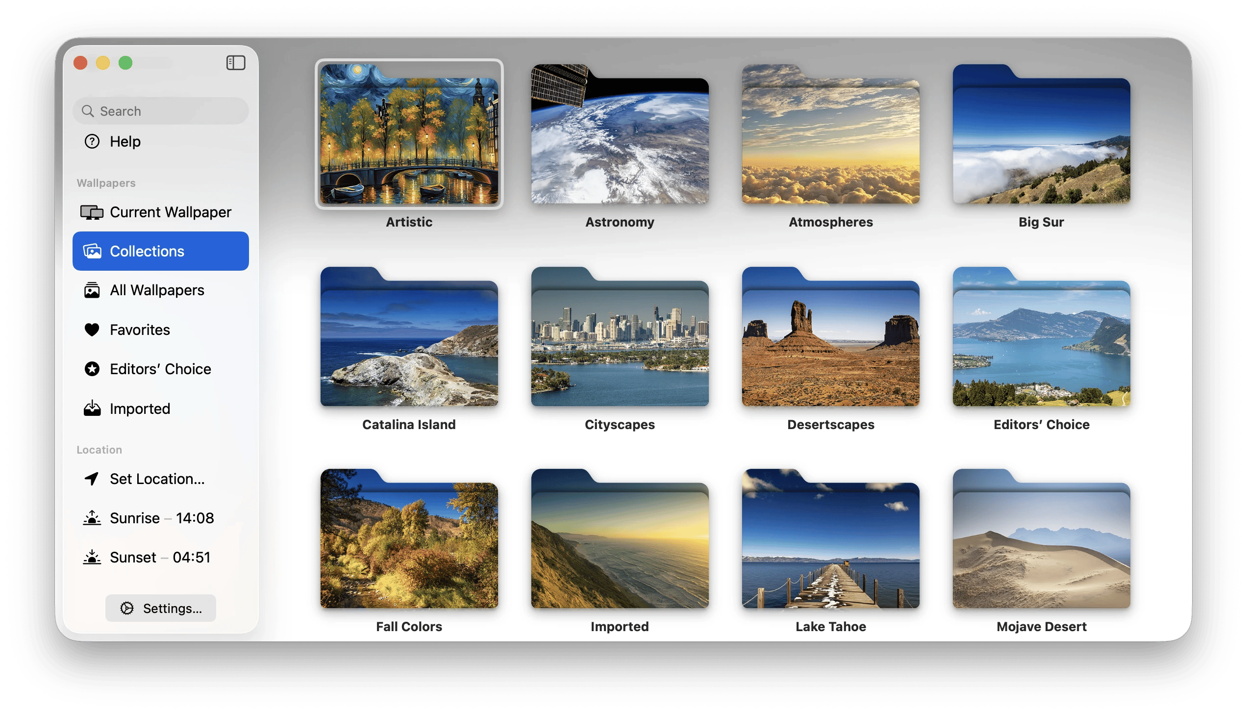 Browsing dynamic wallpaper collections in 24 Hour Wallpaper, a dynamic wallpaper app from Setapp