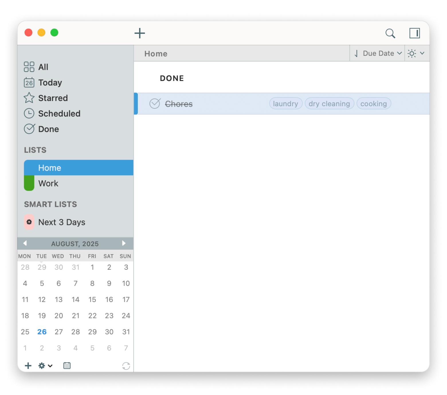 The  Home tab of 2Do, a task management app that is available on Setapp