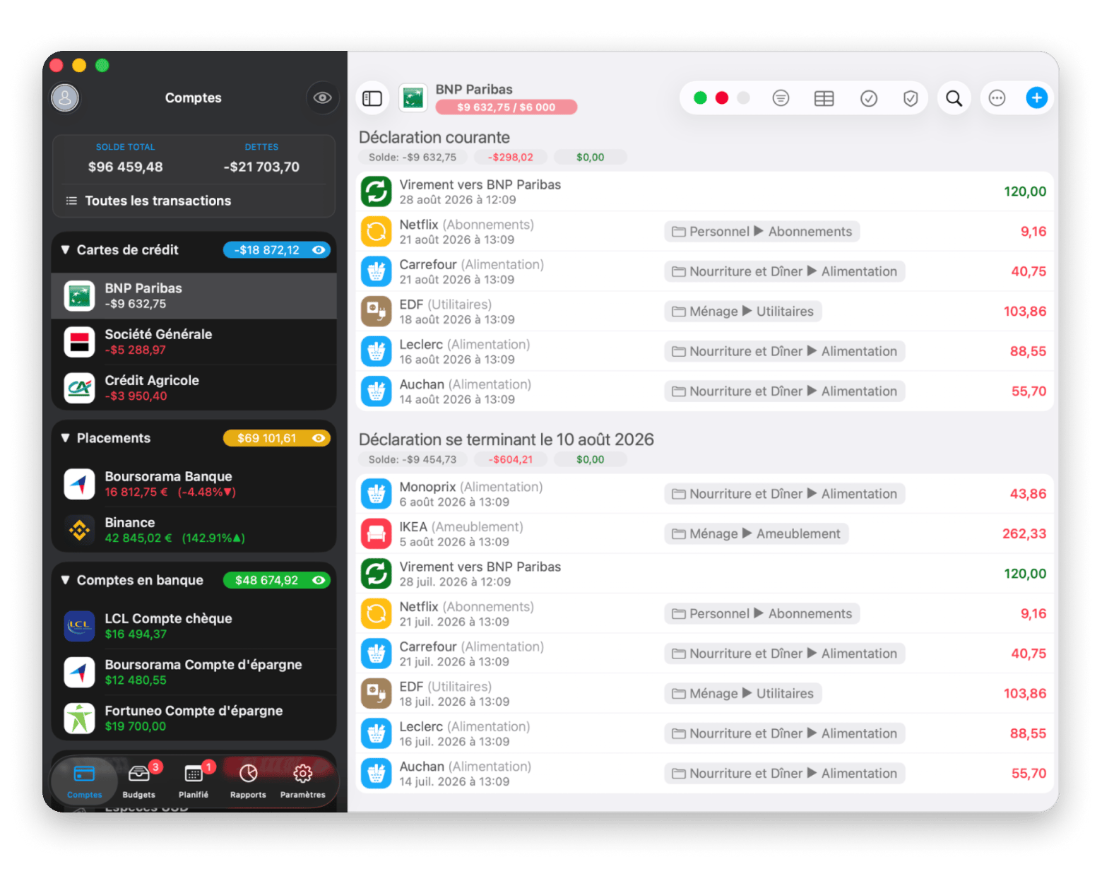 L'interface de MoneyWiz montrant le suivi des dépenses et abonnements, une app de finance disponible sur Setapp