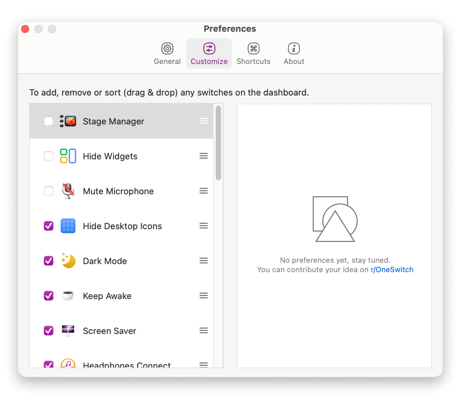 The interface of One Switch, a quick-toggle utility for macOS available on Setapp