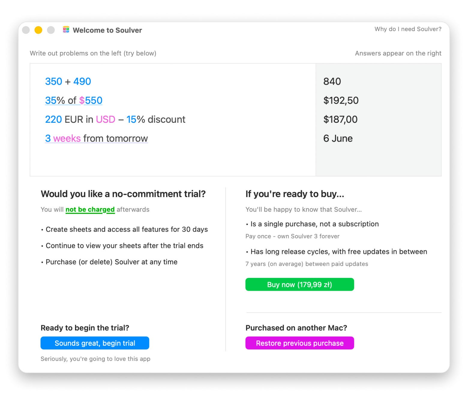 Soulver app one-time purchase