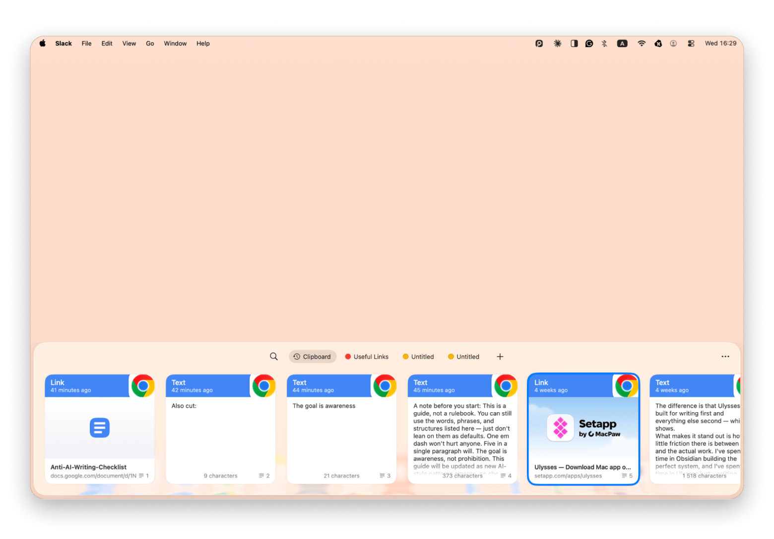 The clipboard history panel of Paste, a clipboard history management app that is available on Setapp.