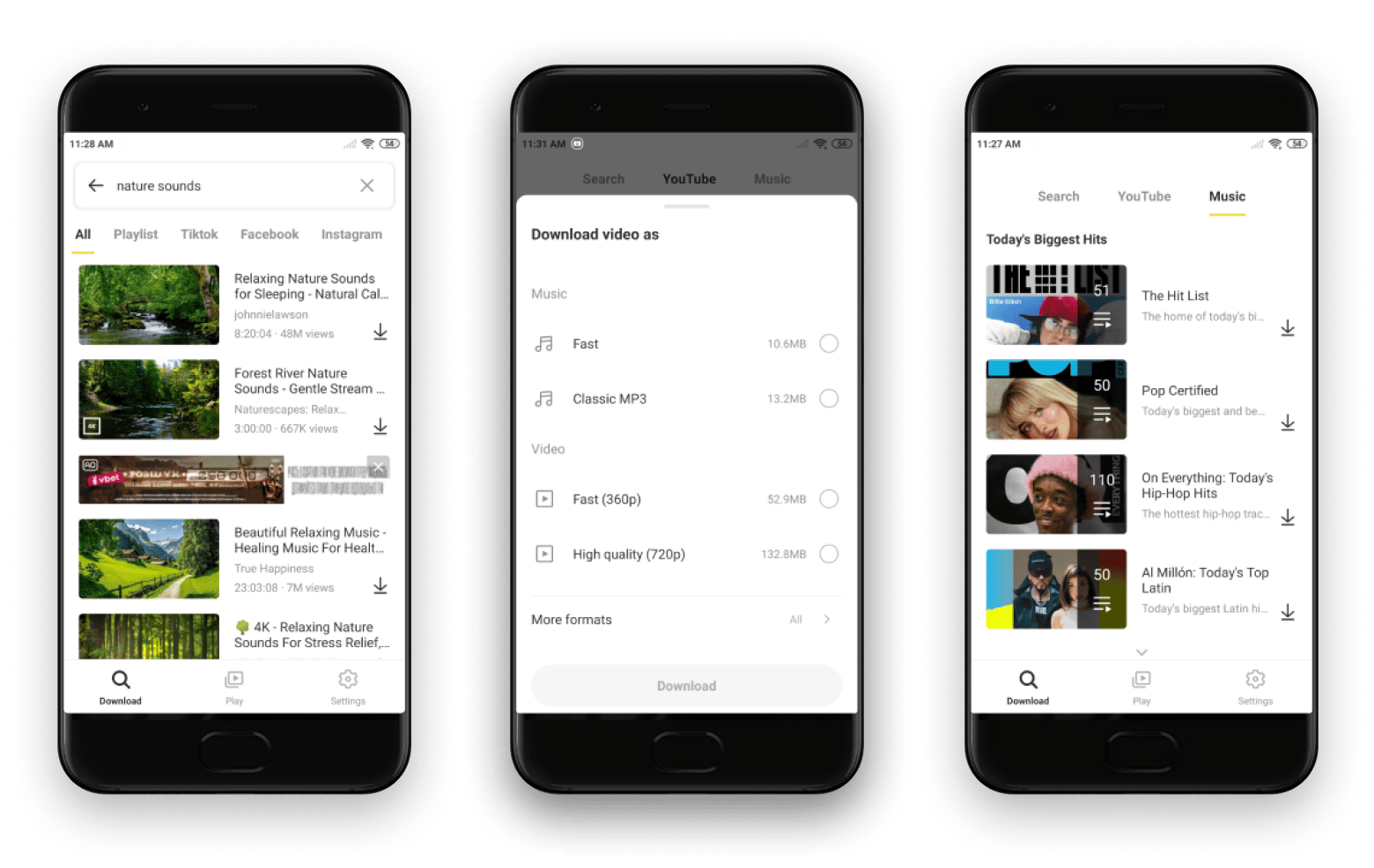 Interfaz de Snaptube, descargador gratuito de vídeo para Android