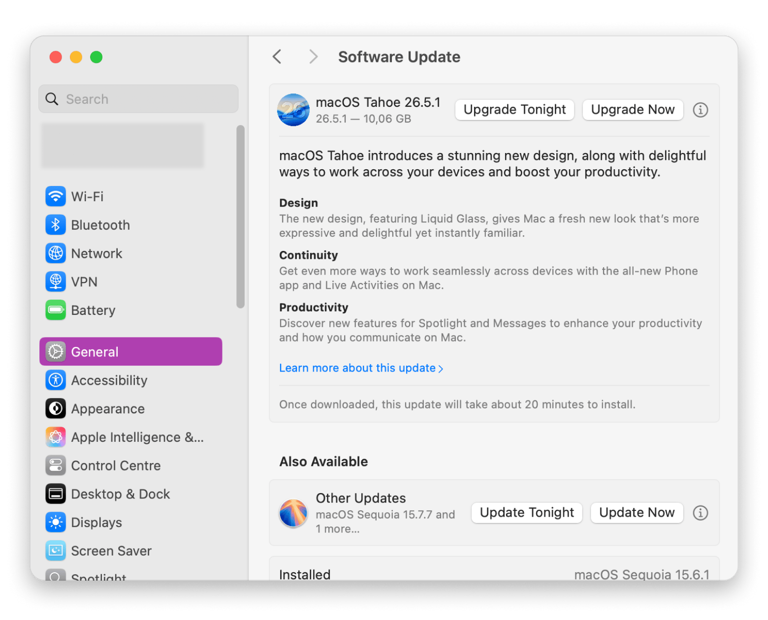 System settings Mac window