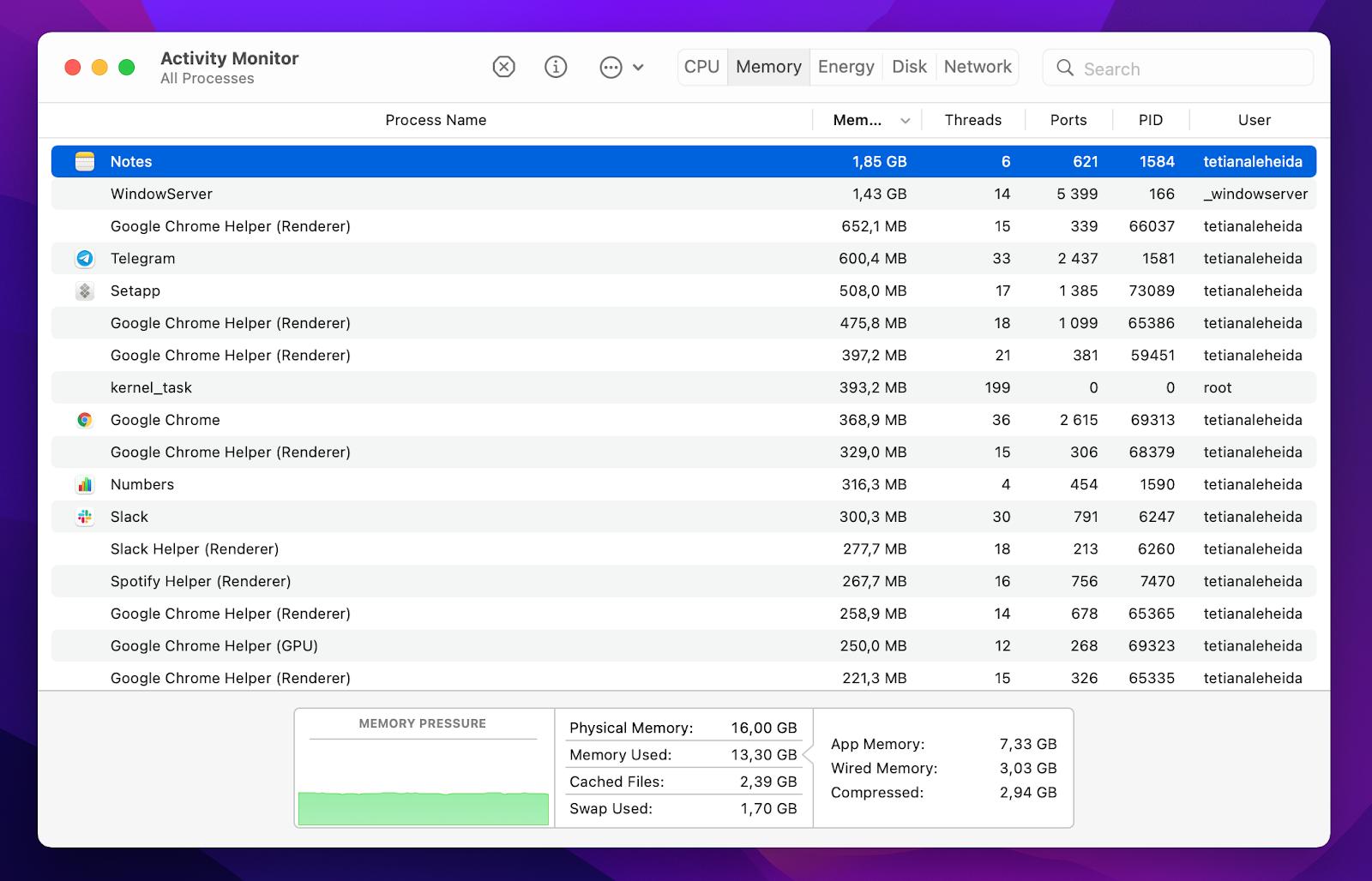 Check running apps' memory usage