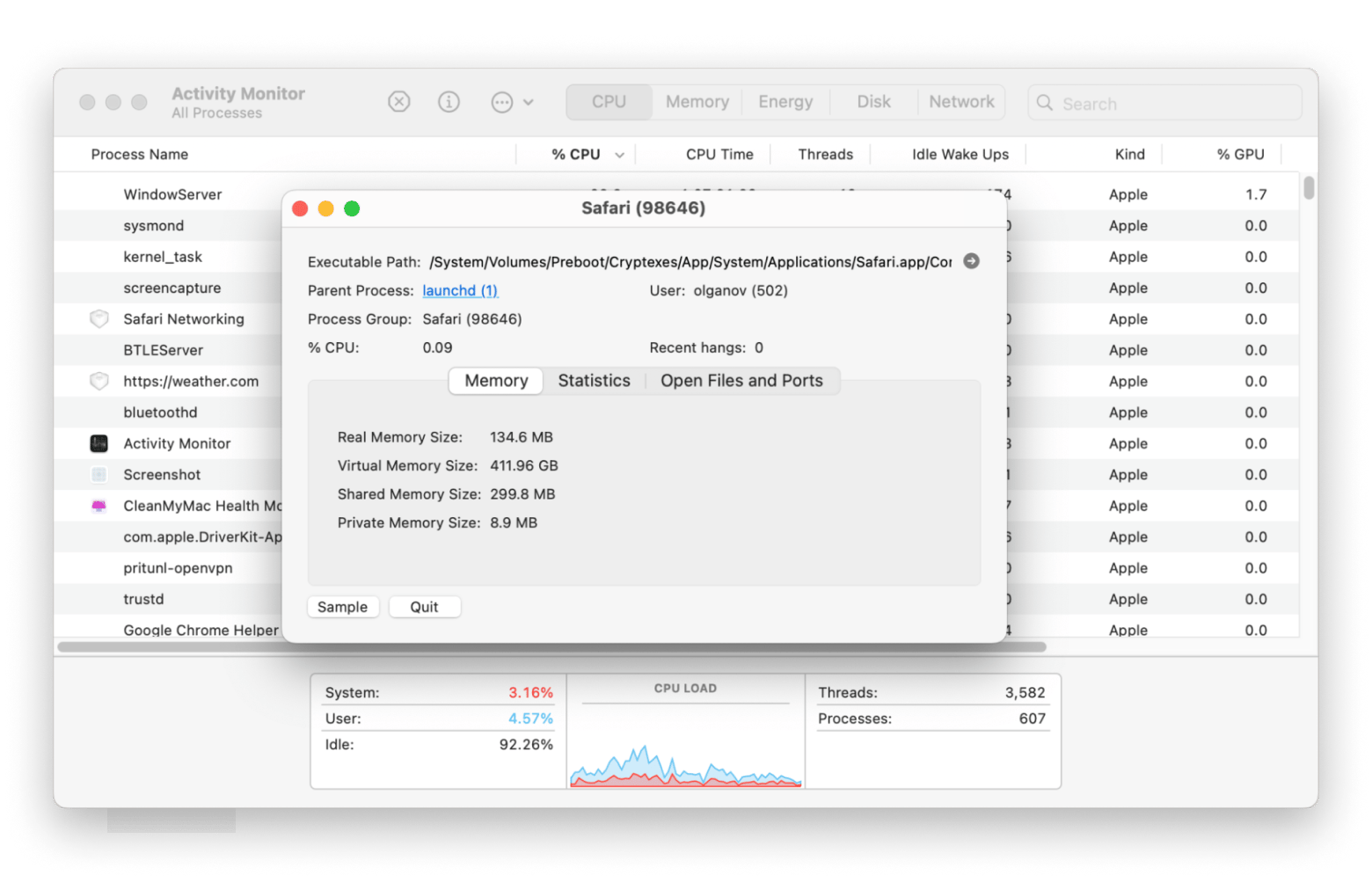 activity monitor safari sample