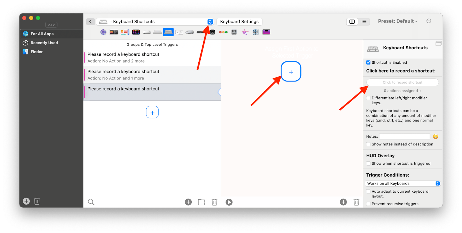 add keyboard shortcuts with bettertouchtool