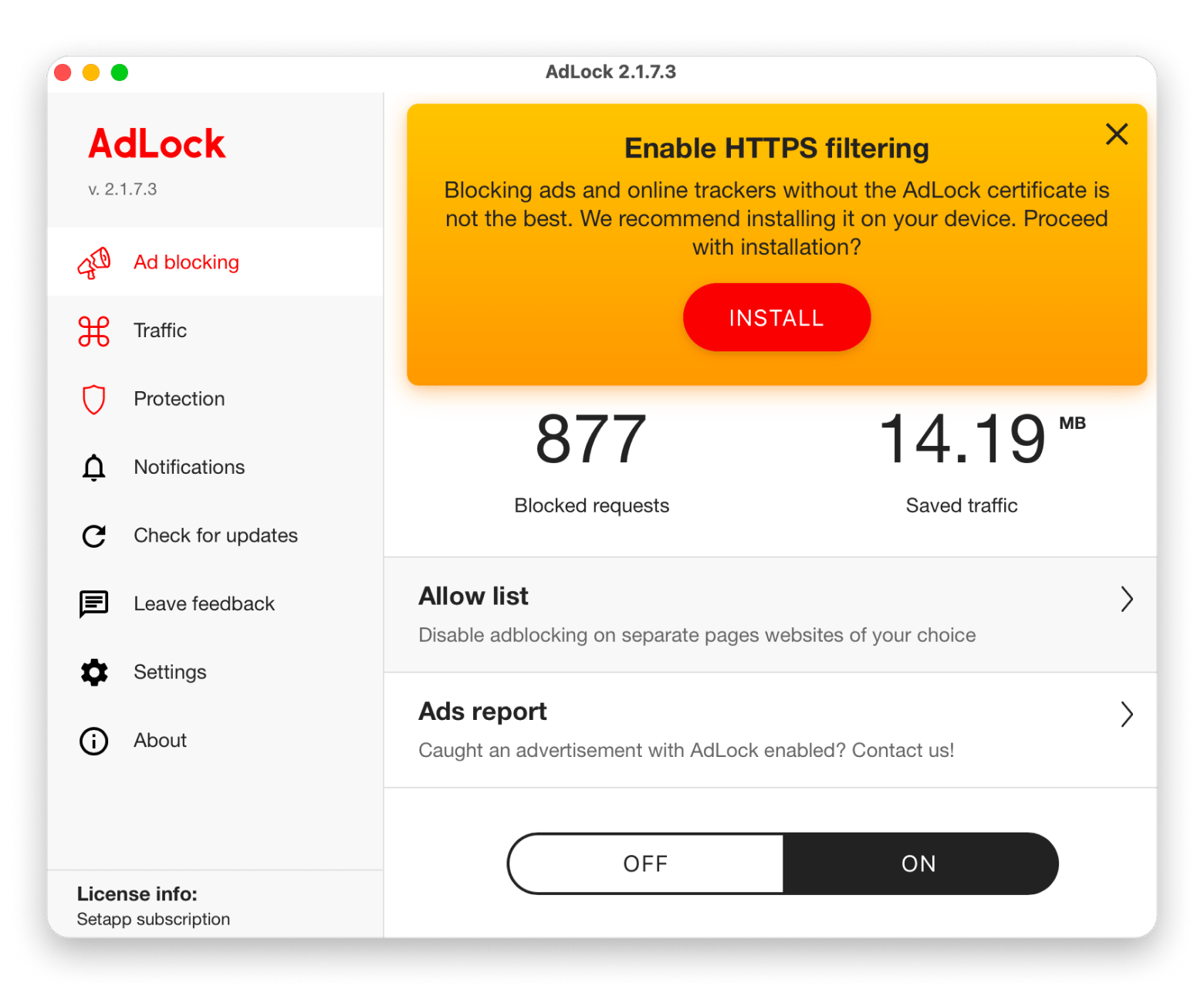 Ad blocking interface with HTTPS filtering setup on AdLock, an app blocking app that is available on Setapp