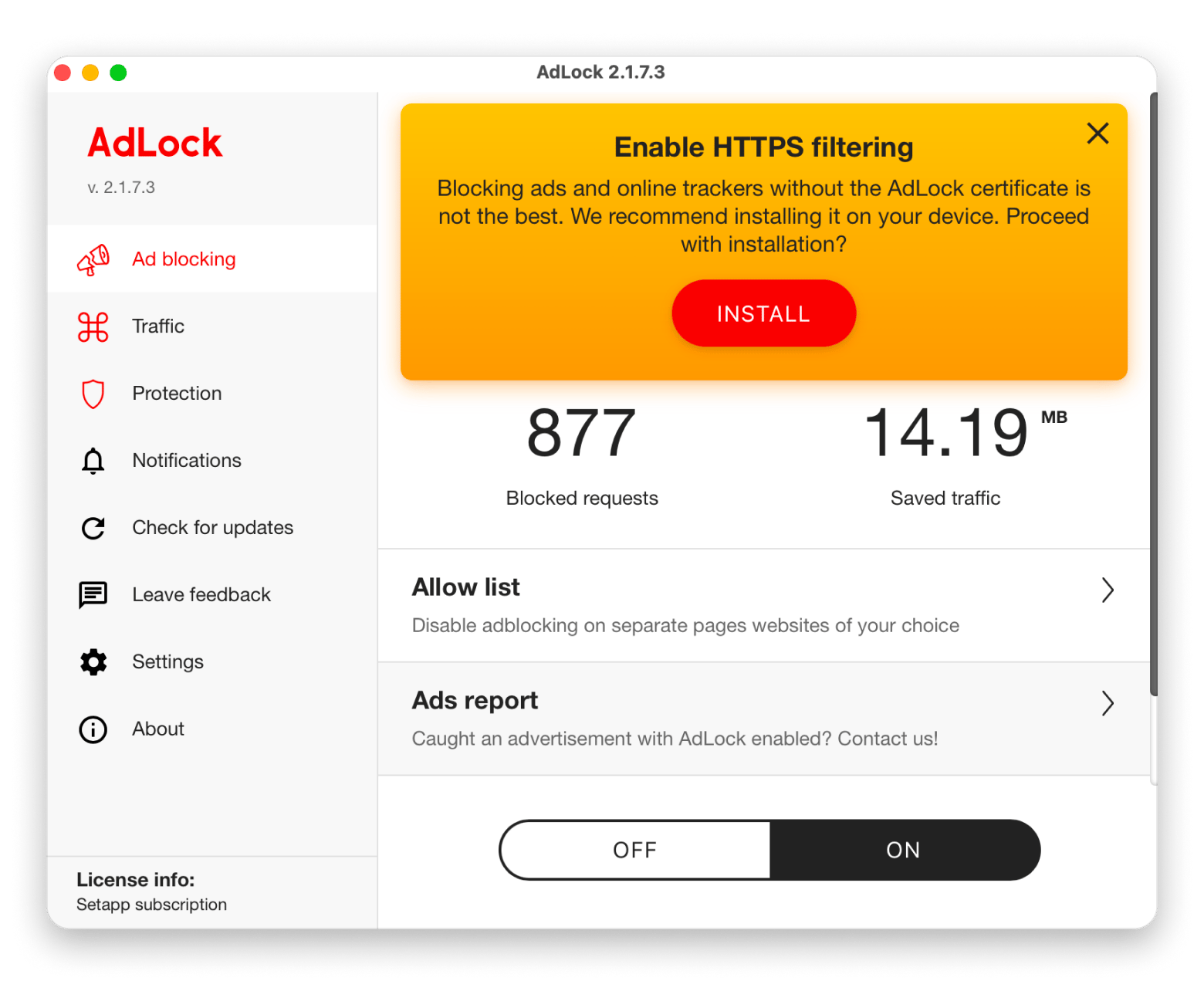 The interface of AdLock, a Mac ad blocker available on Setapp