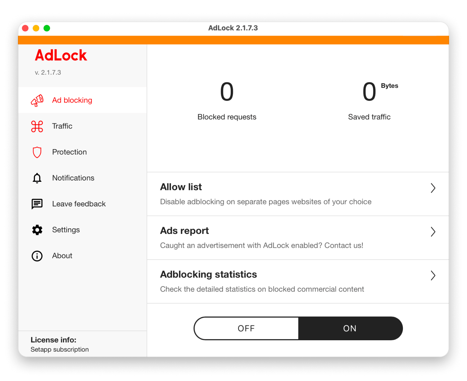 The interface of AdLock, an ad and tracker blocking app available on Setapp