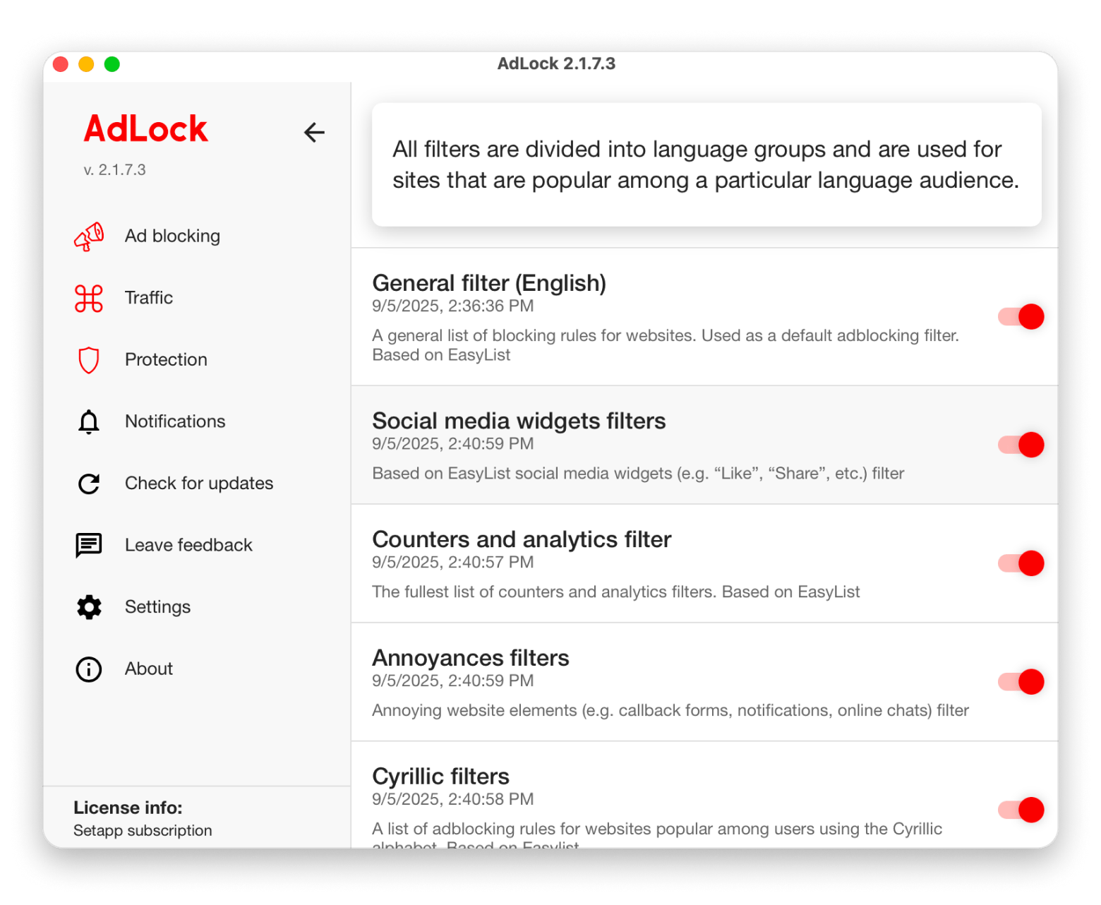 AdLock, ad-blocking filter configuration, an ad-blocking app that is available on Setapp