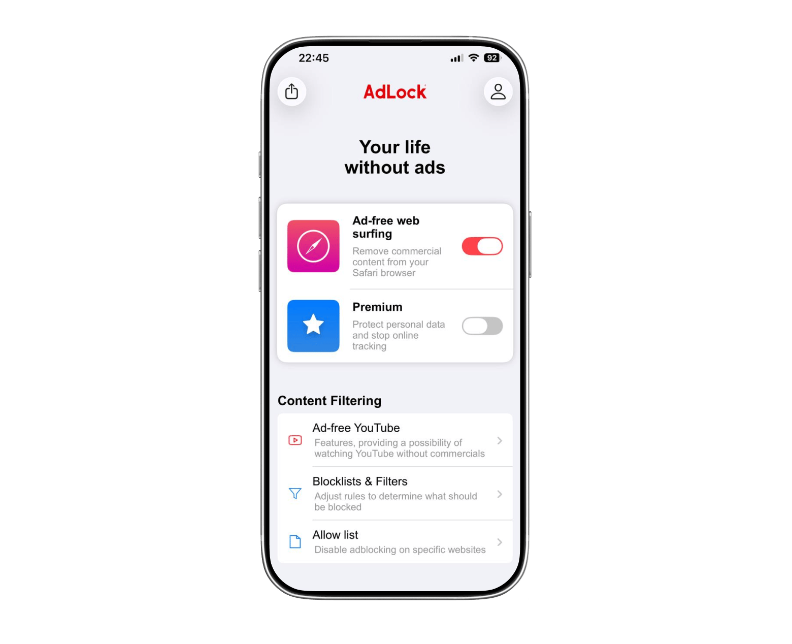 The interface of AdLock, an ad blocker app available on Setapp