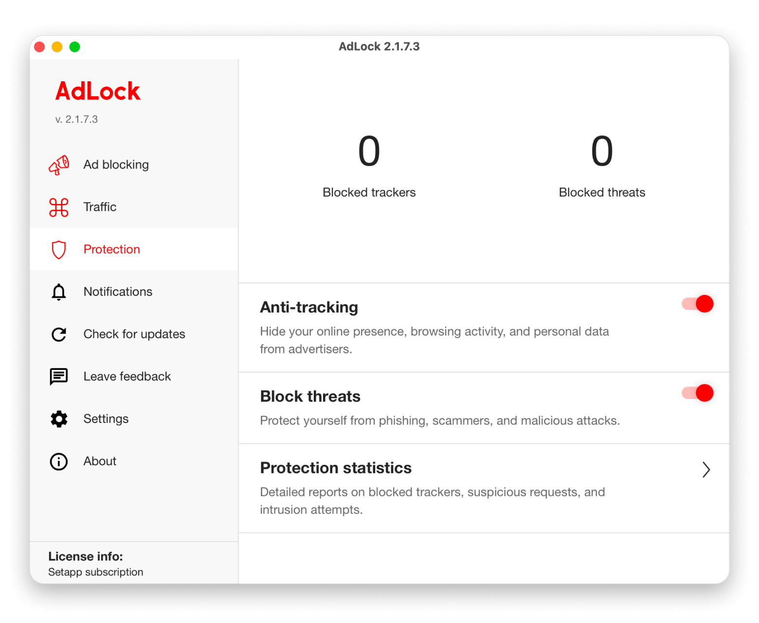 AdLock Protection Tab with Anti-Tracking and Block Threats, an ad-blocking app that is available on Setapp.