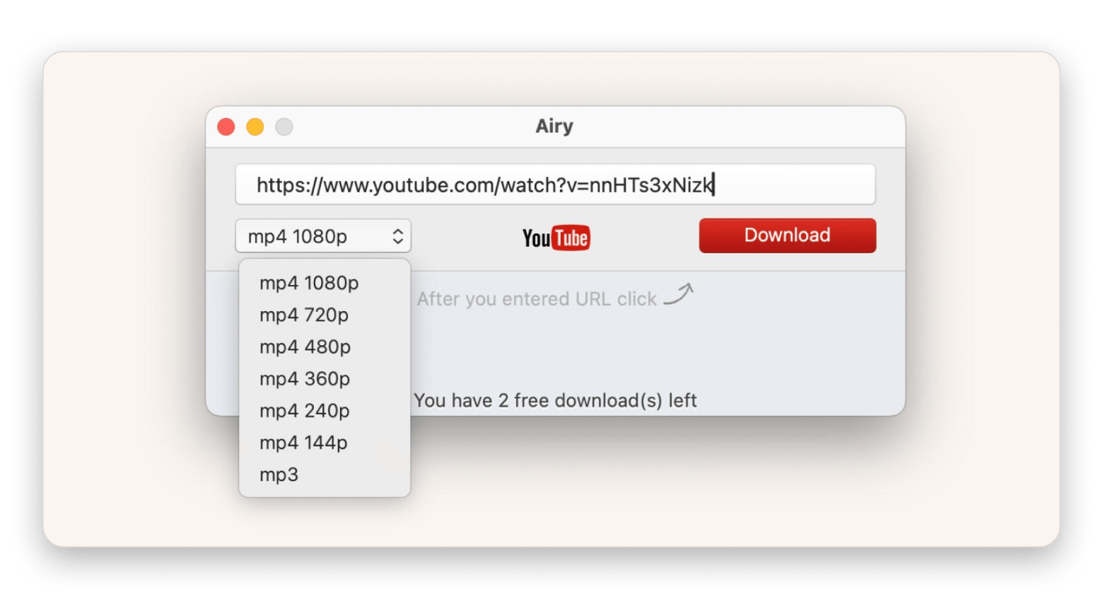 Interfaz de Airy, descargador sencillo de YouTube para Mac