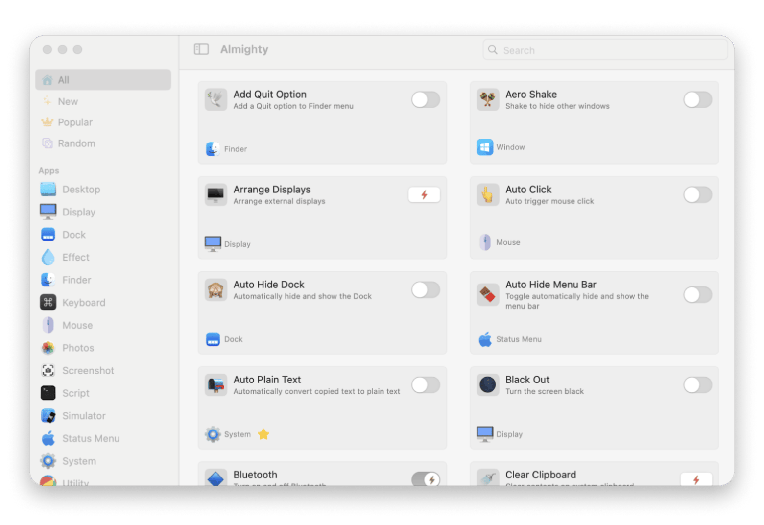 Title: Interface do Almighty mostrando ajustes ocultos do macOS acessíveis pela barra de menus, disponível no Setapp