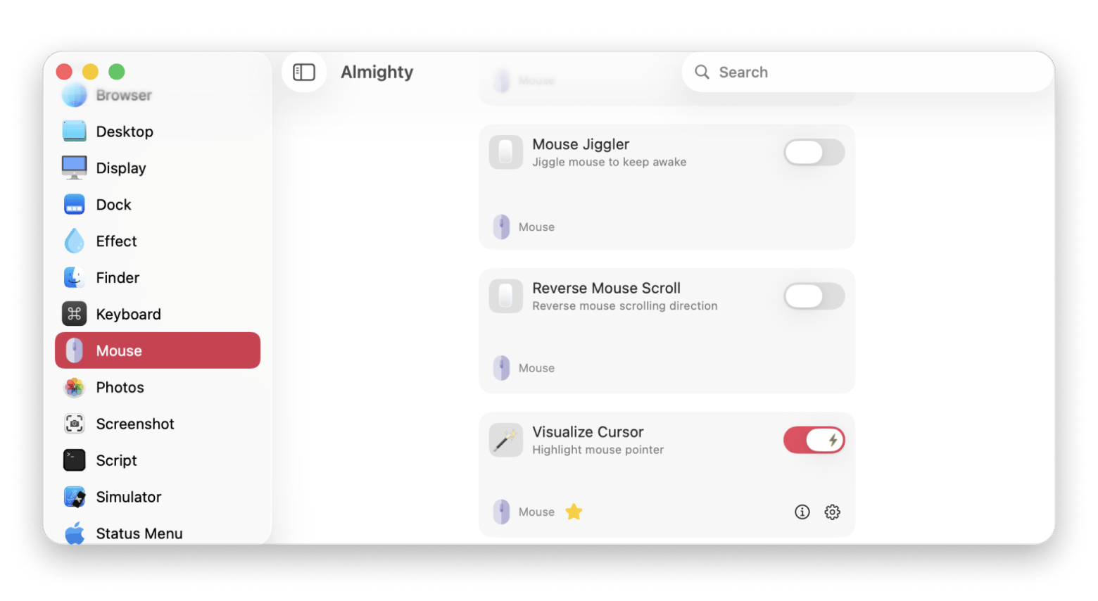 Mouse settings with cursor visualization options in Almighty, a Mac customization app available on Setapp Mouse settings with cursor visualization options in Almighty, a Mac customization app available on Setapp