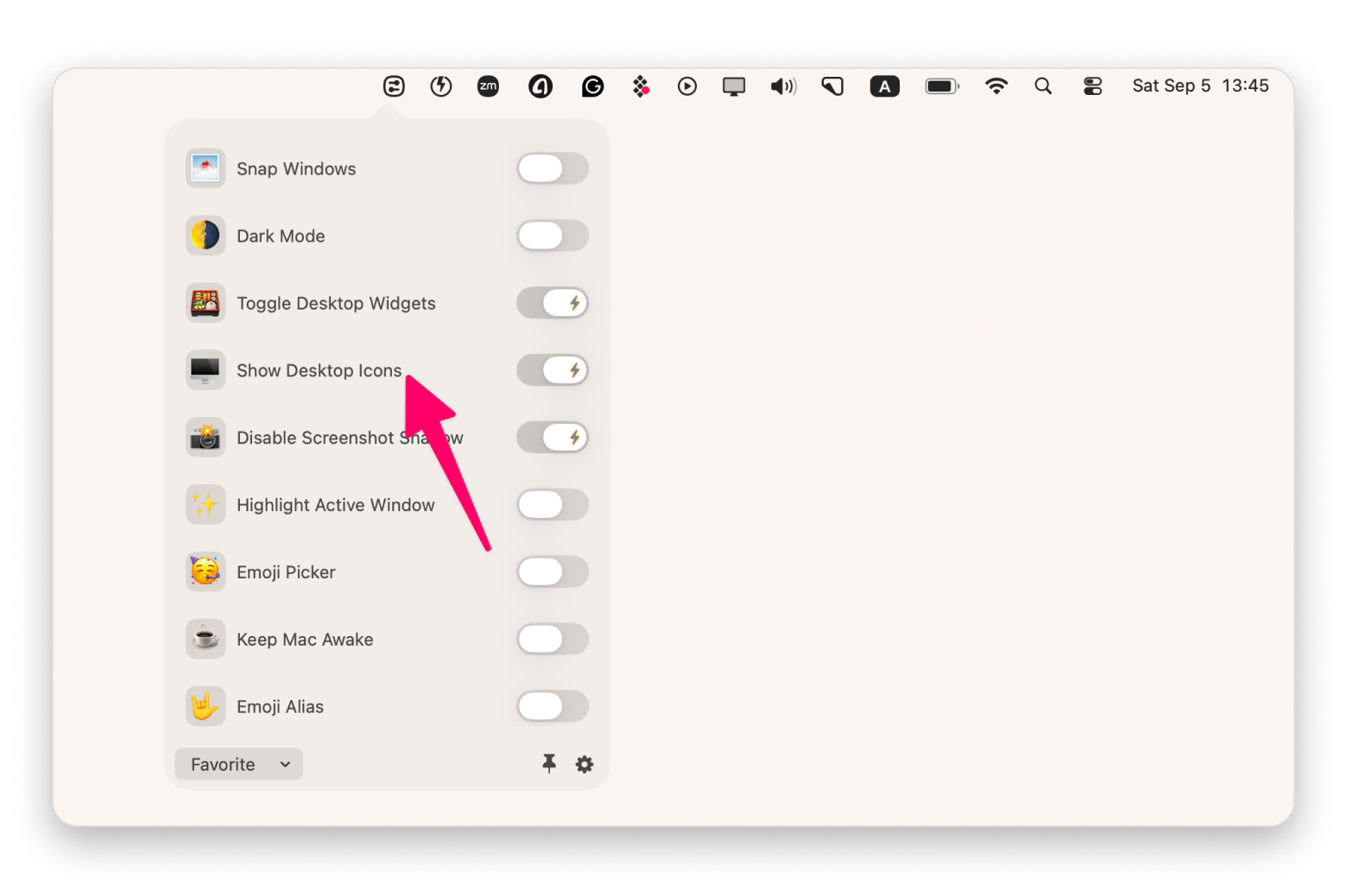 The menu bar interface of Almighty, a productivity app available on Setapp, showing the option to hide desktop icons