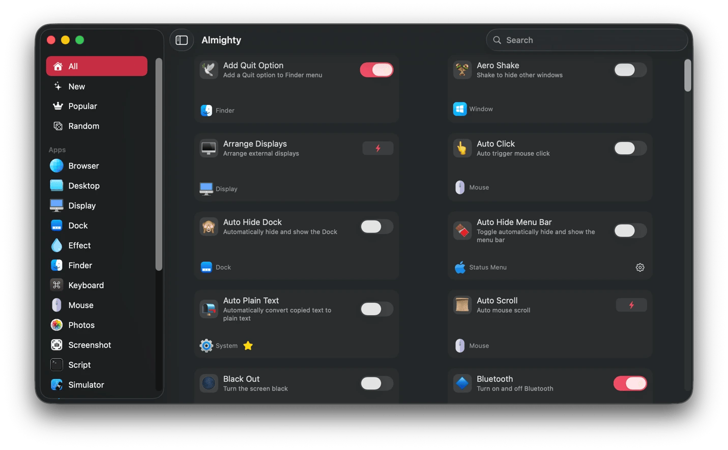 Viewing the dark-mode settings screen of Almighty, a menu bar productivity app from Setapp
