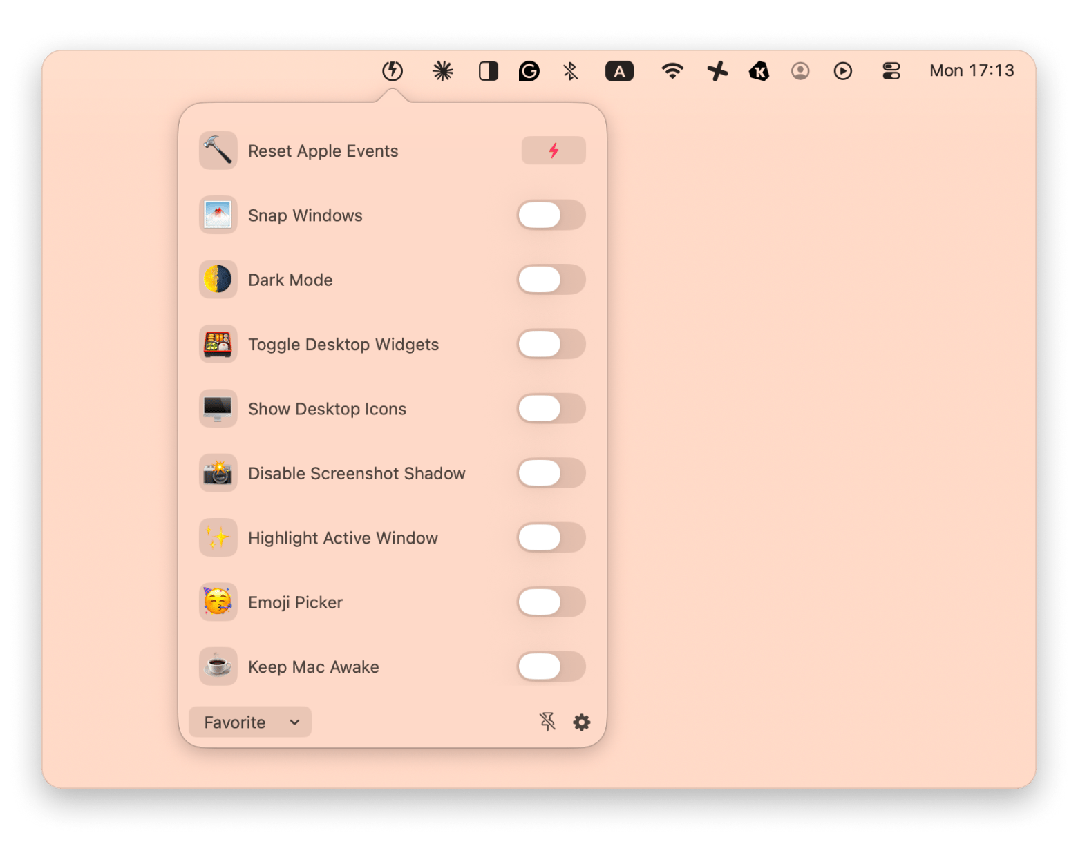 The Almighty menu bar panel showing macOS settings and shortcuts on Mac