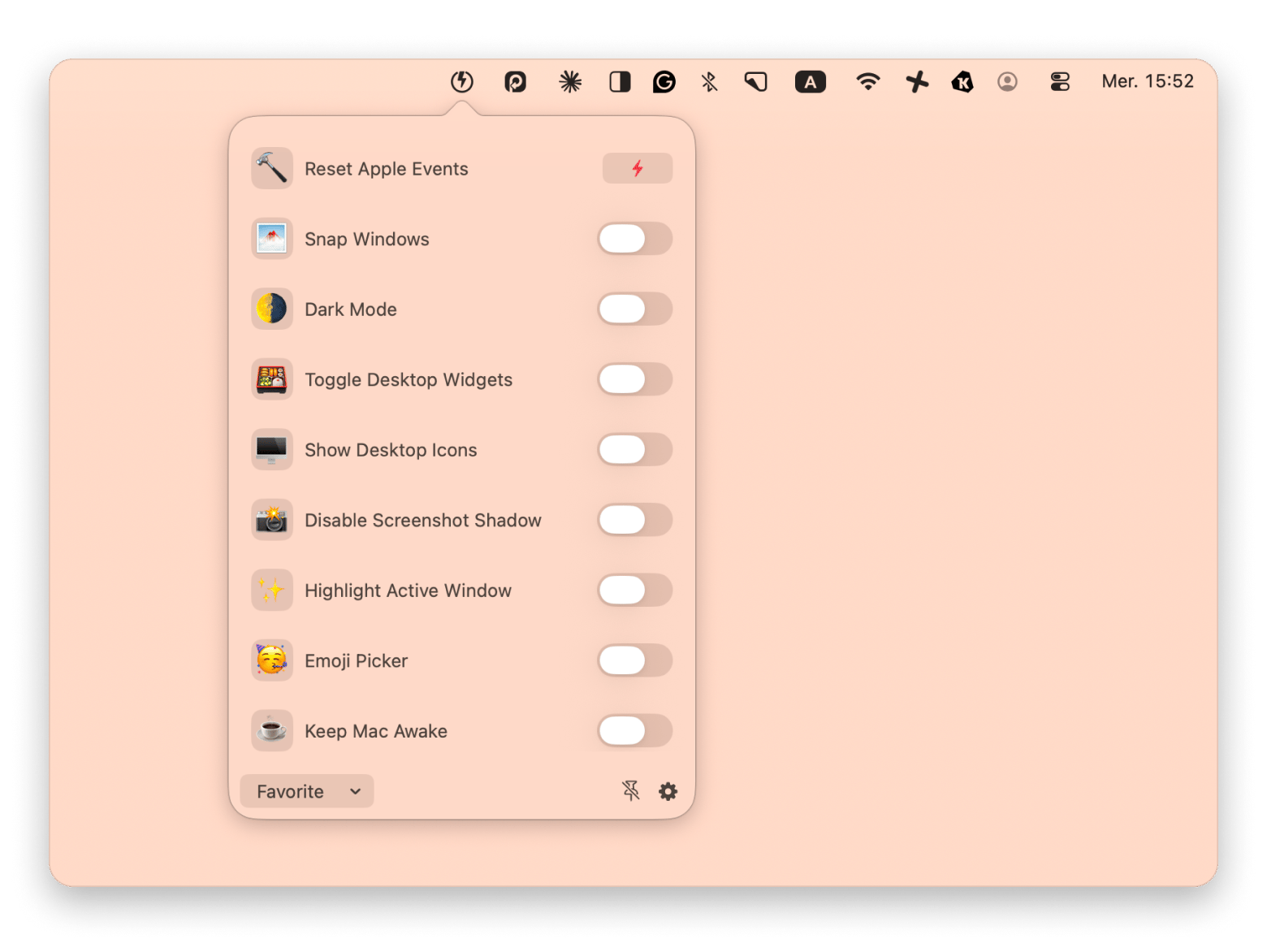 Interface d'Almighty montrant les réglages avancés de macOS accessibles depuis la barre de menus, disponible sur Setapp