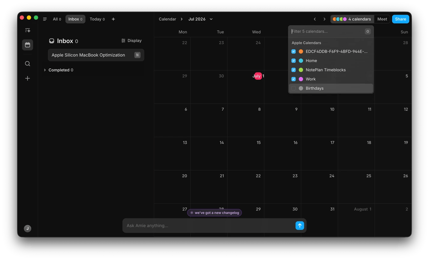 Overlaying multiple calendars and managing the inbox in the Amie calendar app for Mac