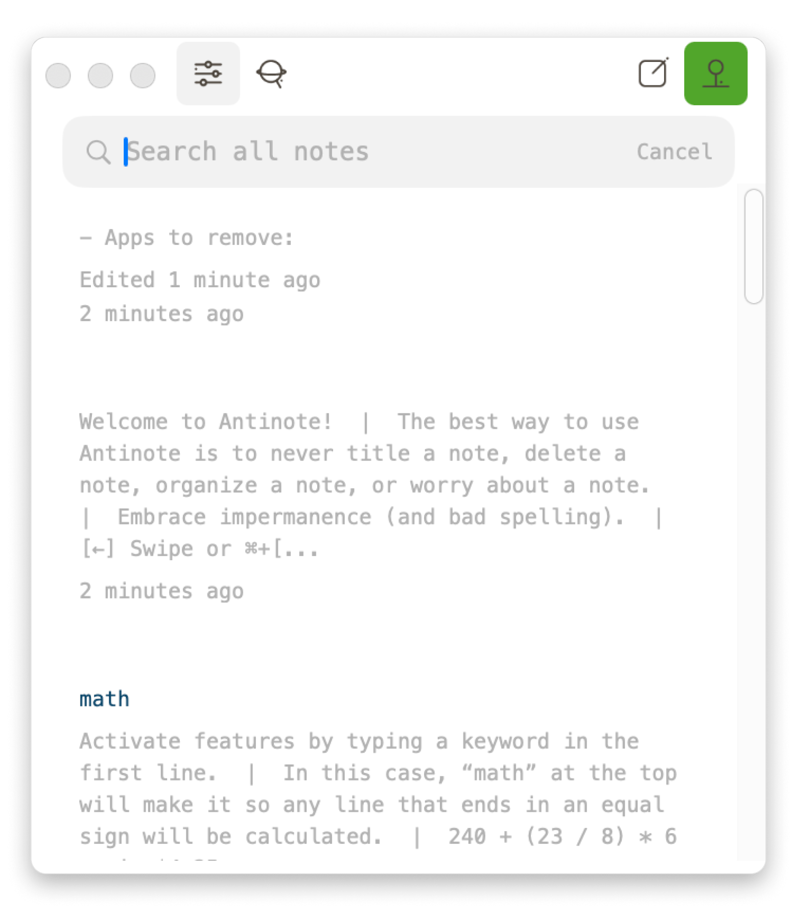The interface of Antinote, a note-taking and calculating app that is available on Setapp