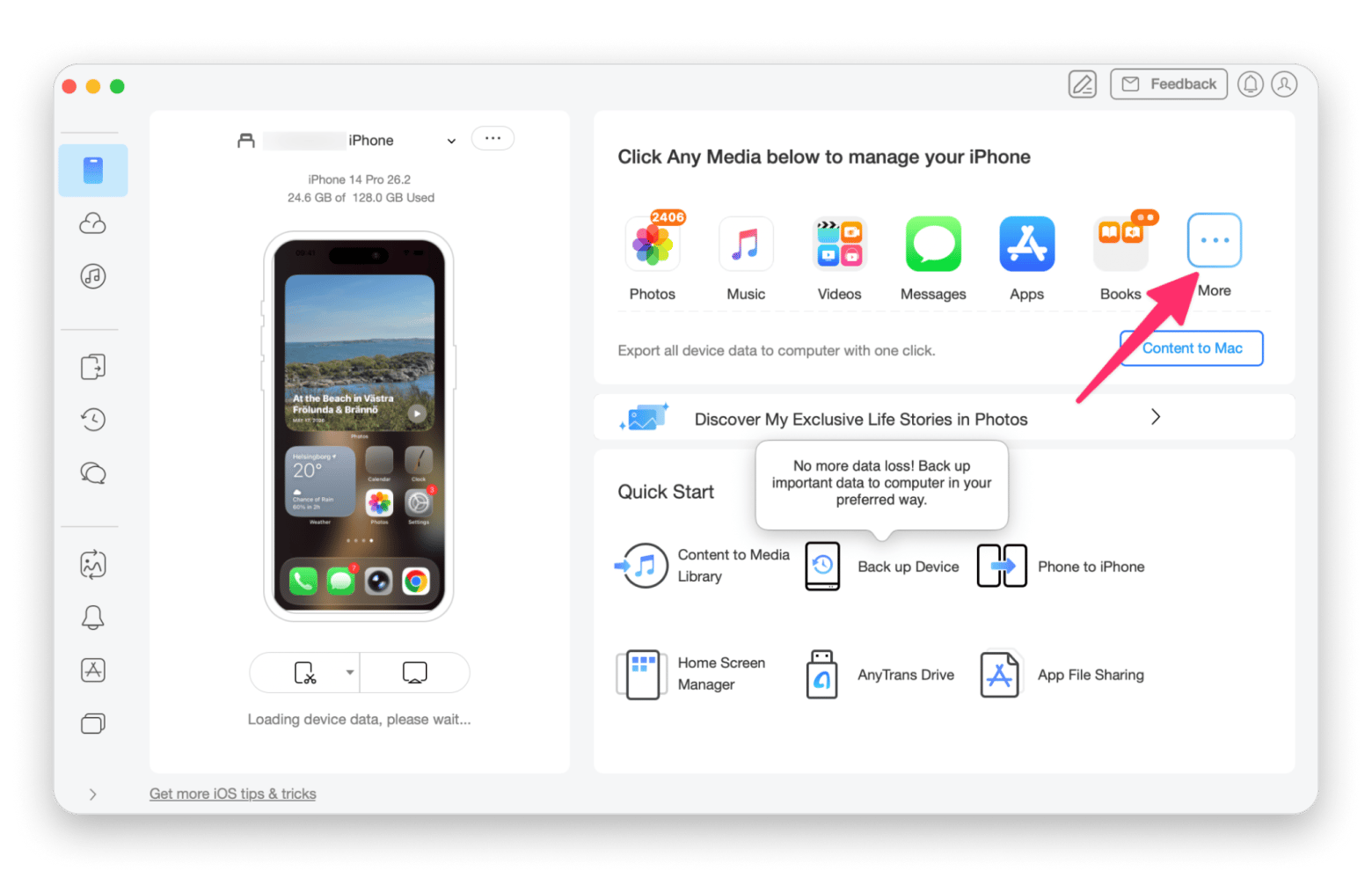 The Device Management screen in AnyTrans for iOS, an iPhone management app available on Setapp