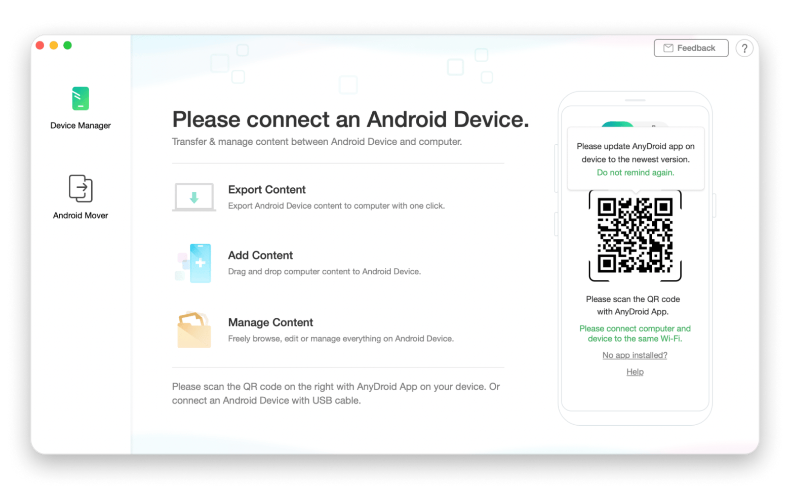 The interface of AnyDroid, a file-sharing app available on Setapp
