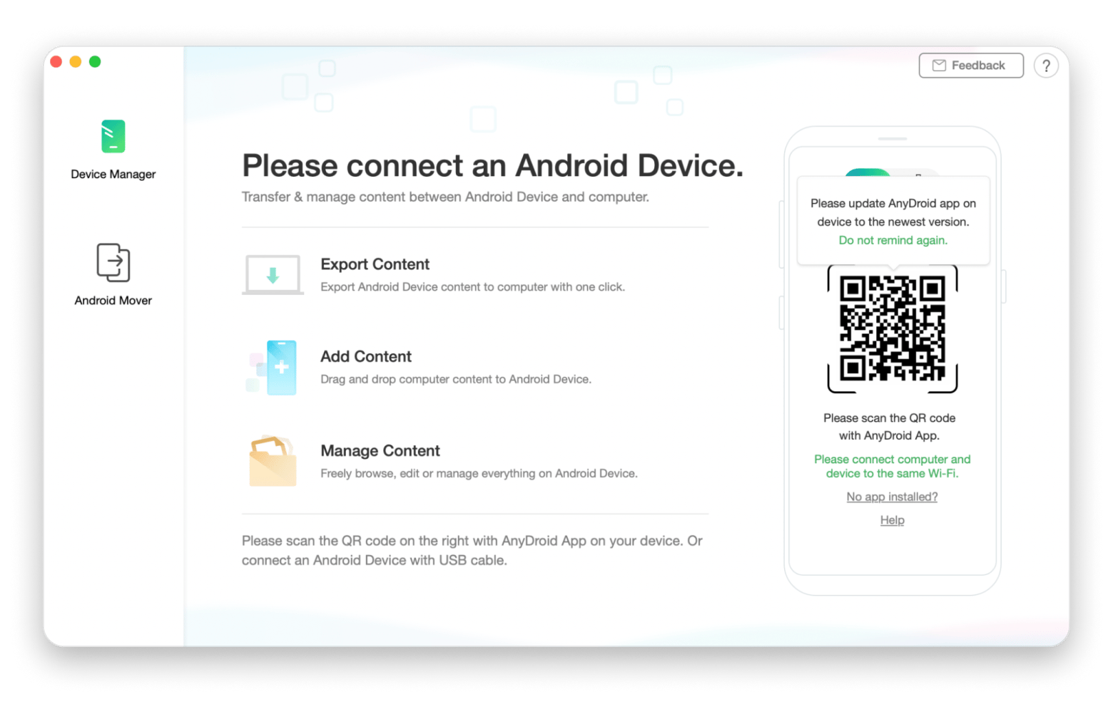 The Device Manager of AnyDroid, a file transfer app that is available on Setapp The Device Manager of AnyDroid, a file transfer app that is available on Setapp