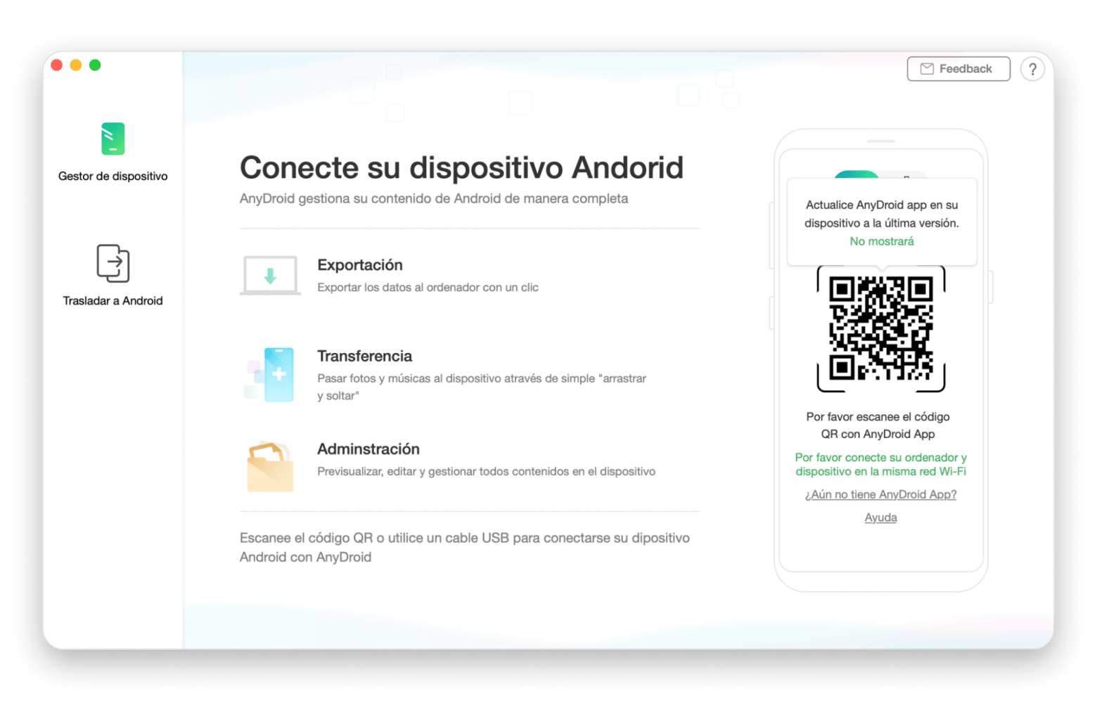 Interfaz de AnyDroid, app de transferencia de archivos entre Android y Mac, disponible en Setapp