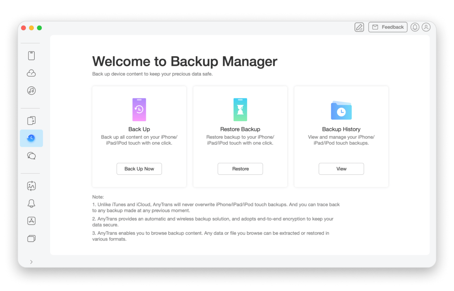 Oberfläche von AnyTrans for iOS mit dem Backup Manager beim Sichern auf eine externe Festplatte, verfügbar in Setapp