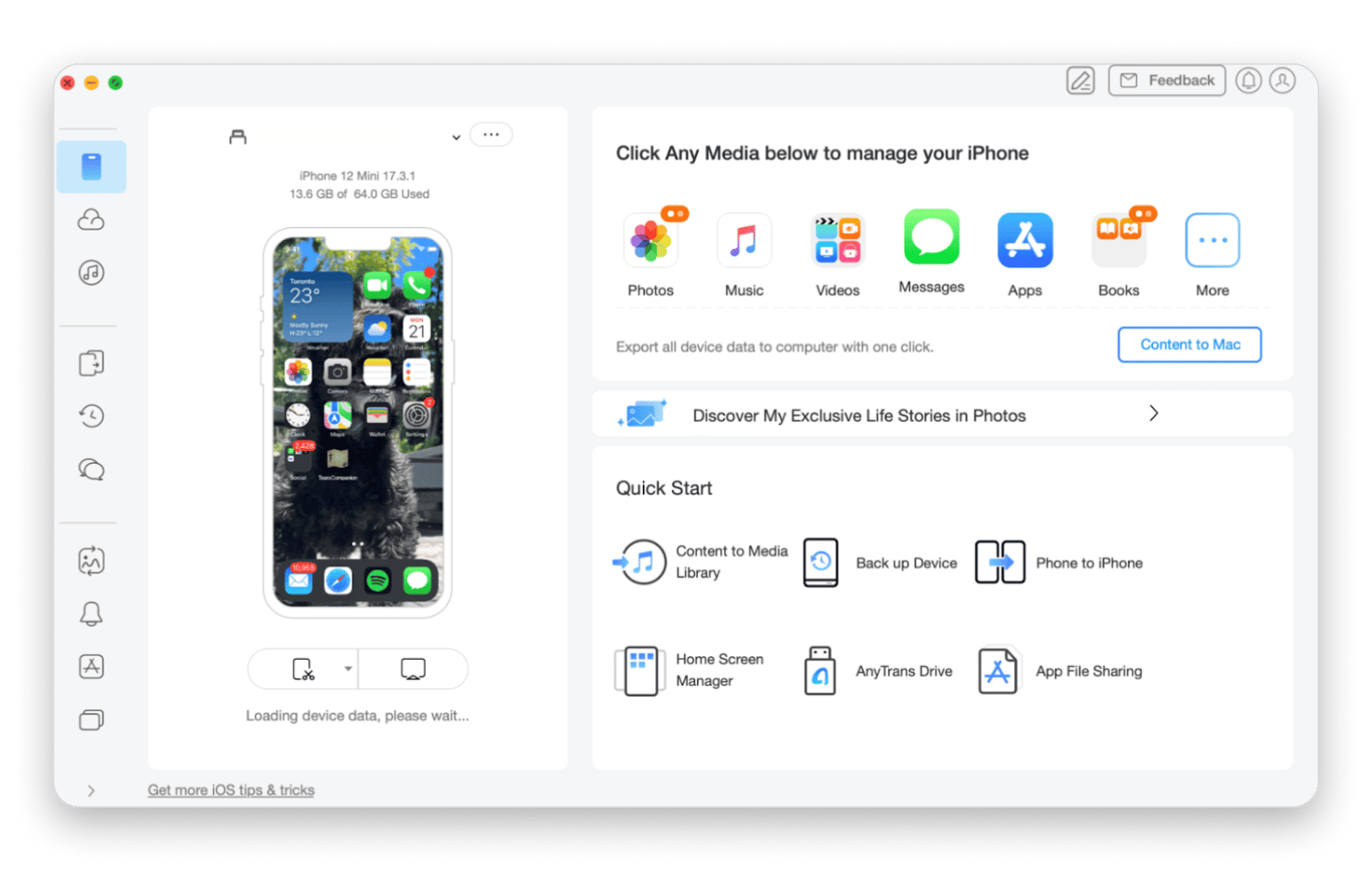 Interfaz de AnyTrans for iOS con el Backup Manager configurando copias automáticas por Wi-Fi, disponible en Setapp Interfaz de AnyTrans for iOS con el Backup Manager configurando copias automáticas por Wi-Fi, disponible en Setapp