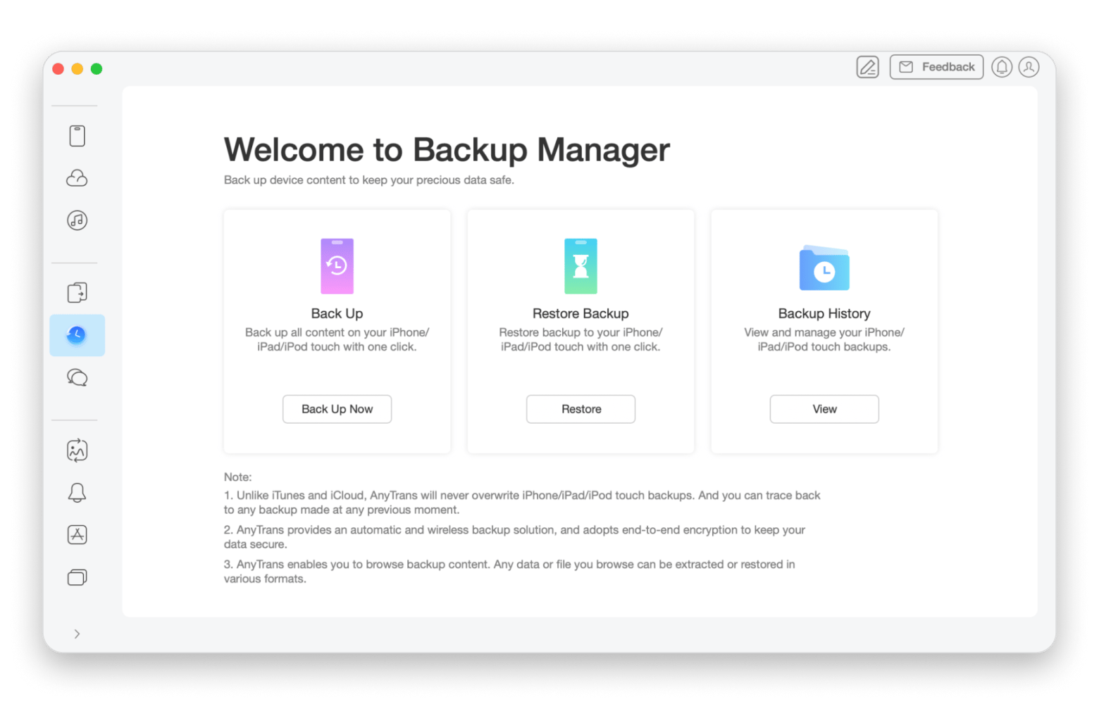 The Backup Manager interface of AnyTrans, an iPhone backup and transfer app available on Setapp