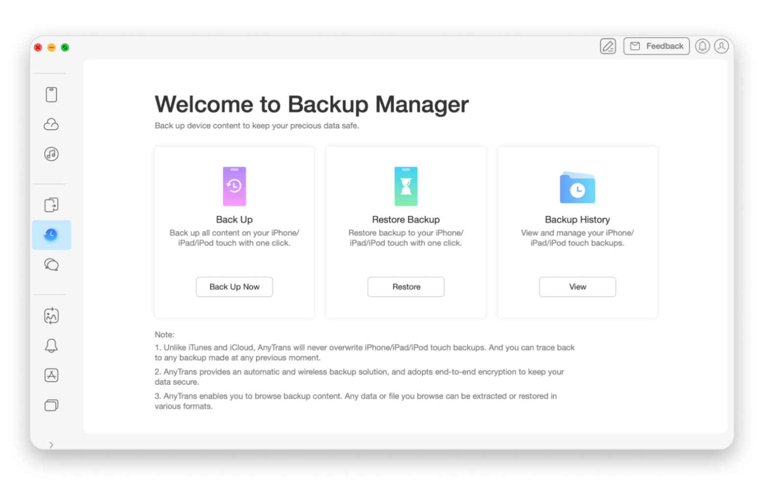 Interface do AnyTrans for iOS com o Gerenciador de Backup mostrando as categorias do iPad, disponível no Setapp