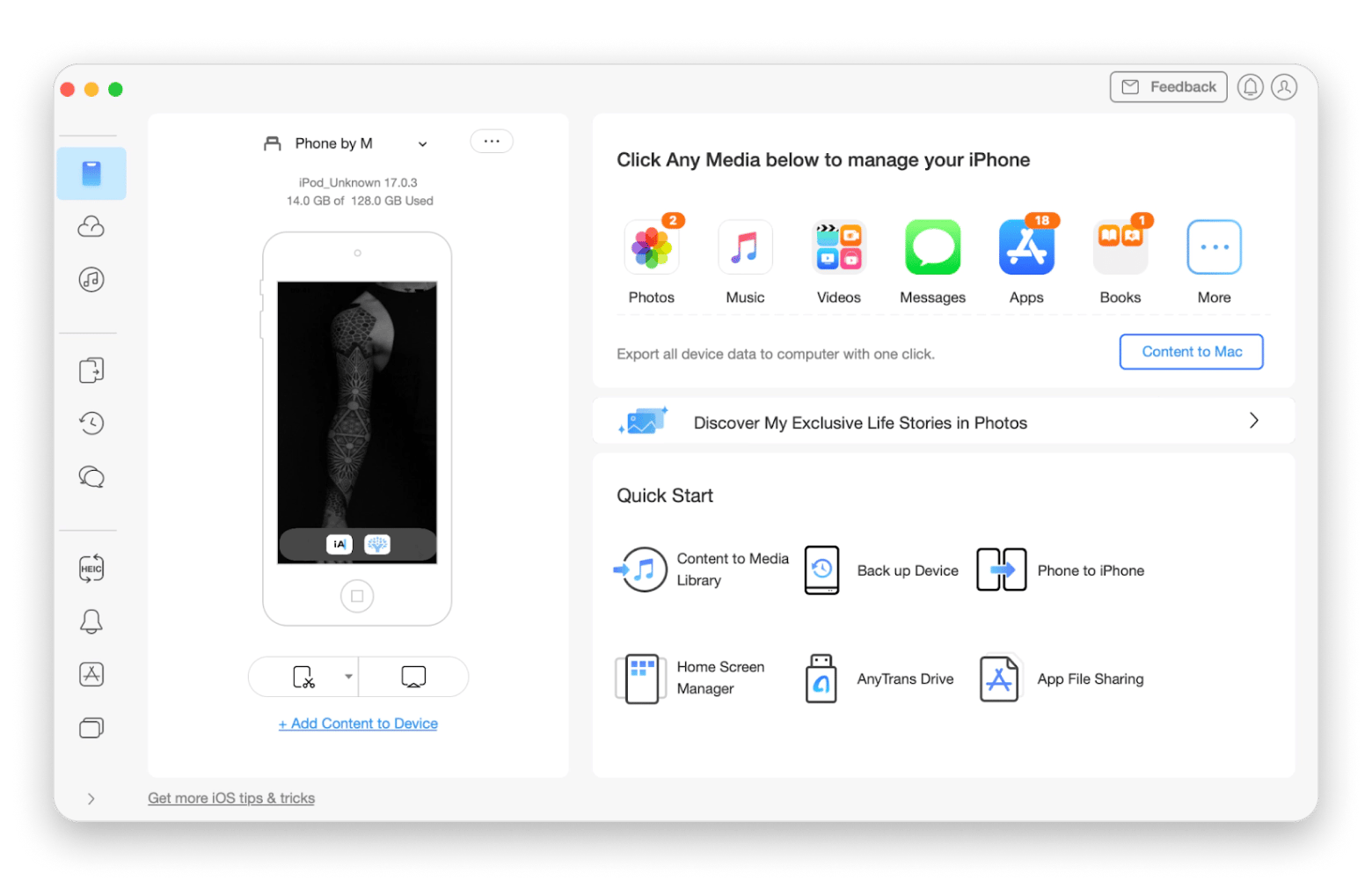 Interface do AnyTrans for iOS com o detalhe em GB do armazenamento do iPhone, disponível no Setapp