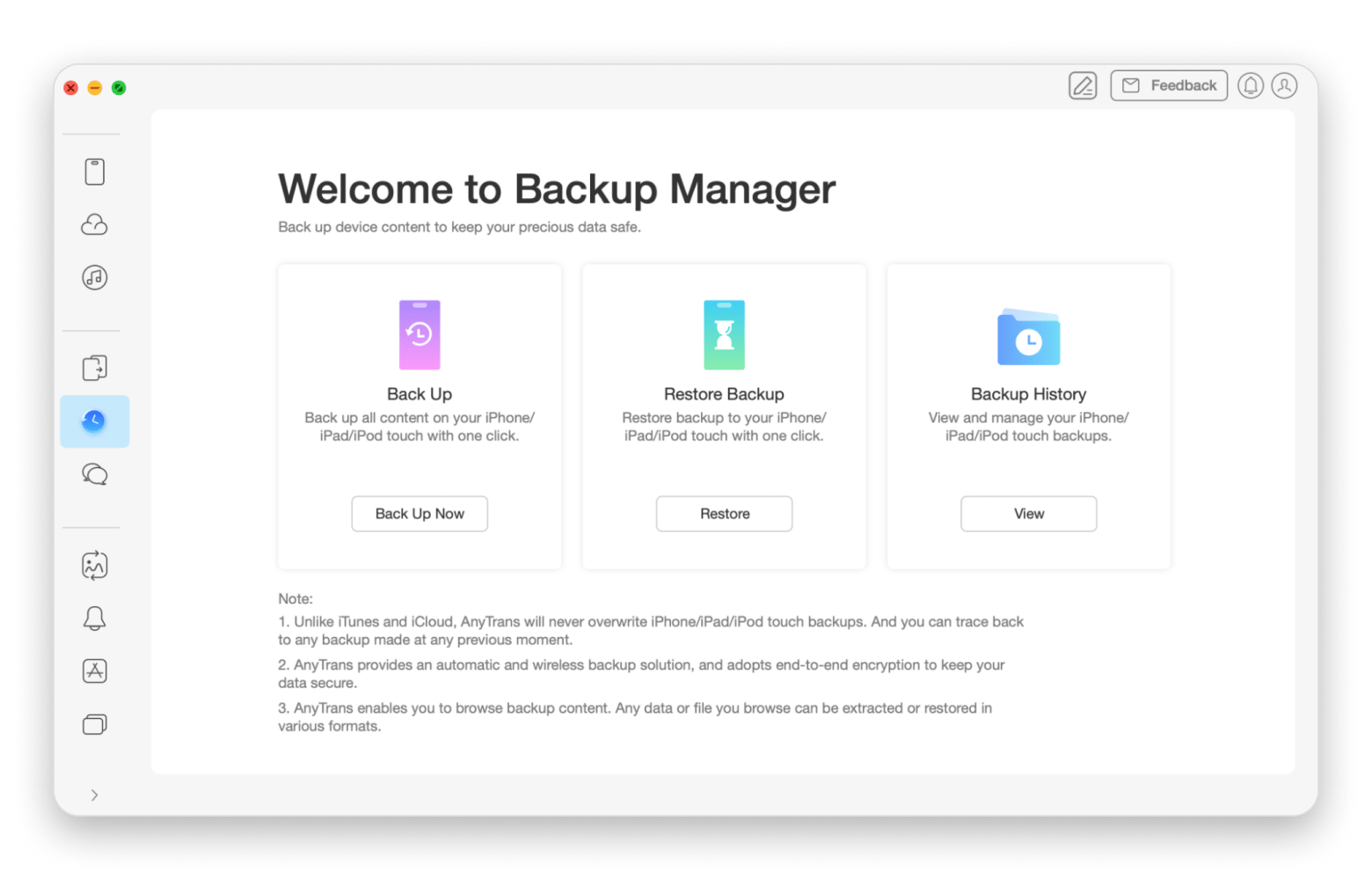 The Backup Manager tab of AnyTrans for iOS, a file transfer app that is available on Setapp
