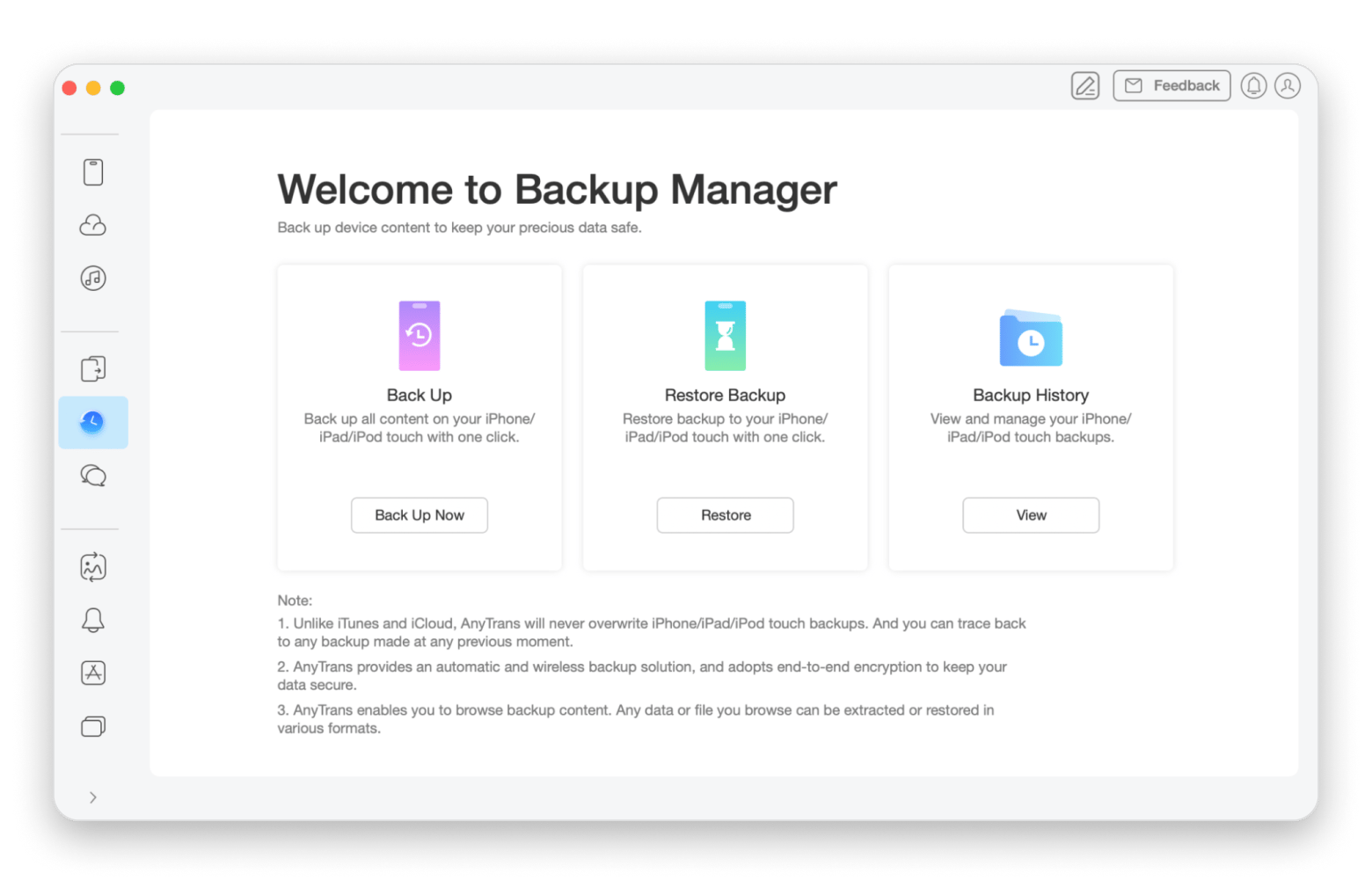 The backup manager interface of AnyTrans for iOS, an iPhone backup and transfer app available on Setapp