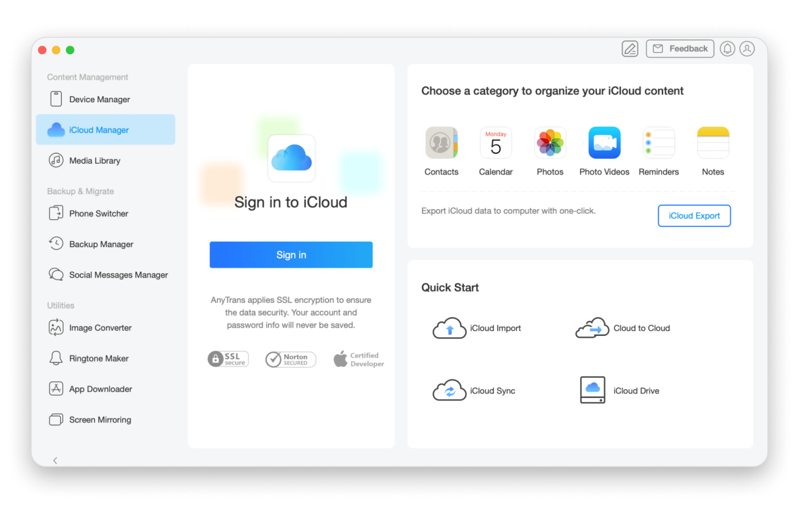 The iCloud Manager view in AnyTrans for iOS, an iPhone backup app available on Setapp