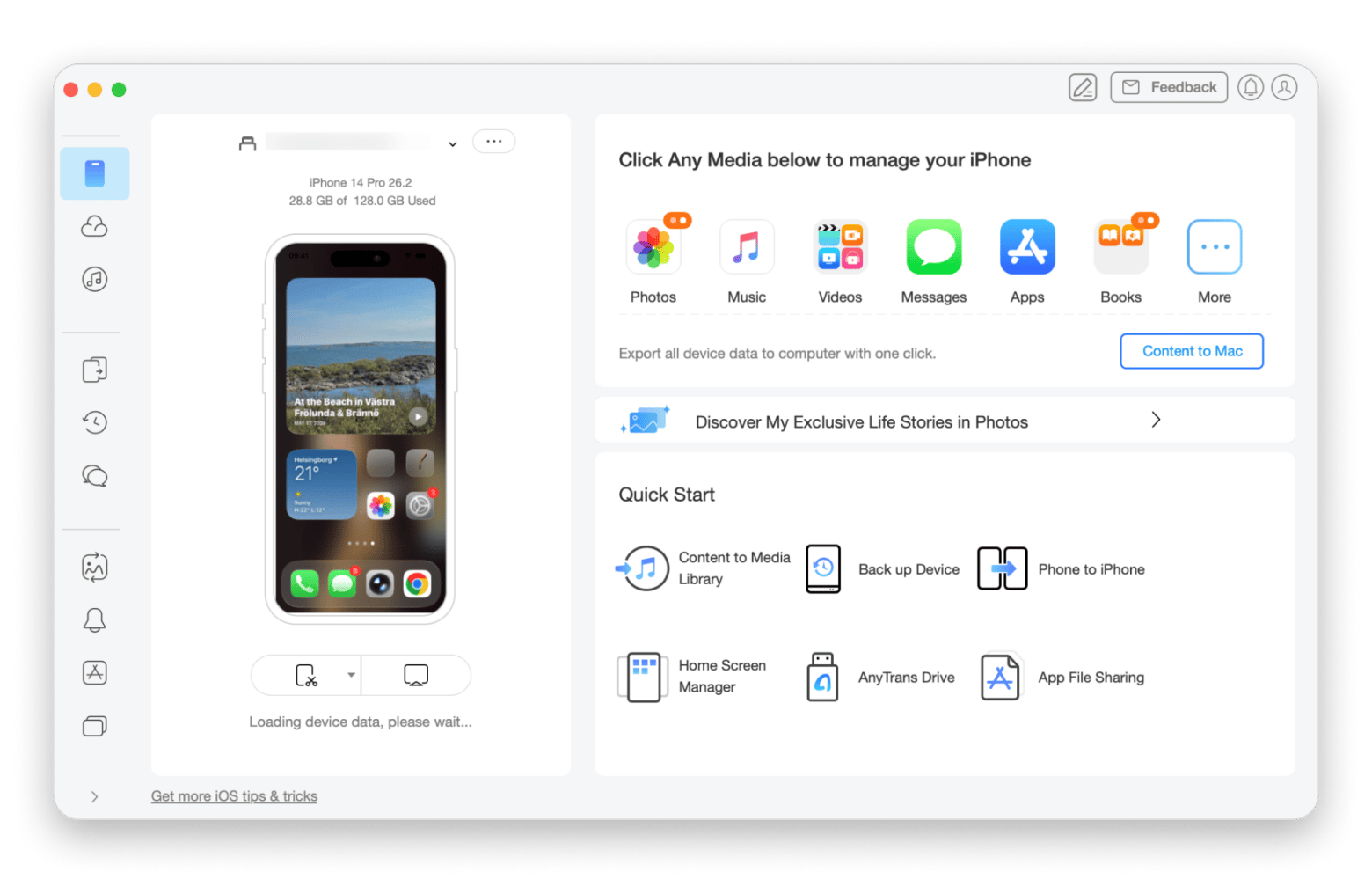 The interface of AnyTrans for iOS, a file transfer app that is available on Setapp