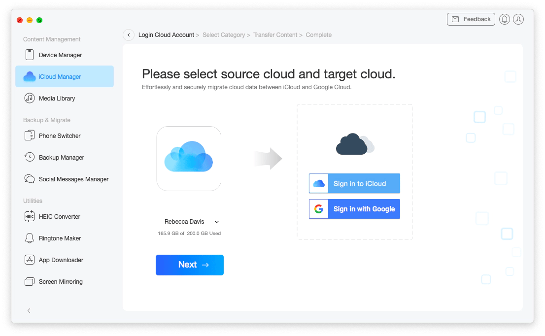 select source cloud and target cloud to transfer data